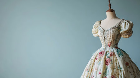 European princess dress with floral embroidery, showcased on a mannequin, with ample copy space on a plain background.の素材
