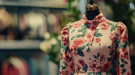 Trendy European floral dress on a mannequin, front view, no people, ample space for copy, set against a clean backdrop.の素材