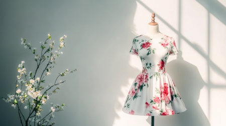 Trendy European floral dress on a mannequin, front view, no people, ample space for copy, set against a clean backdrop.の素材