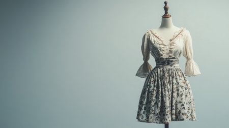 European summer outfit, including a light blouse and skirt, on a mannequin, with room for text on a plain background.の素材