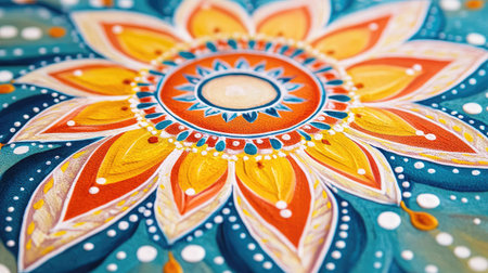 Close-up of a hand-painted South Asian mandala with a plain background, ideal for adding quotes or messages.の素材