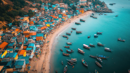 A panoramic top view of a South Asian coastal village with colorful houses lining the shore and fishing boats dotting the waterの素材