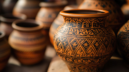 South Asian pottery with intricate designs, with copy space for cultural or artistic content.の素材