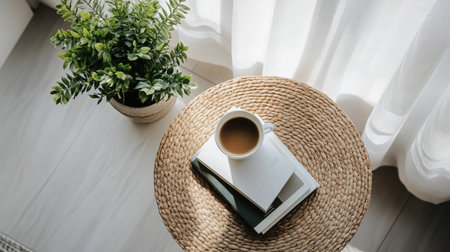 Scandinavian-style coffee table with books and a potted plant, photographed from above with room for copy.の素材
