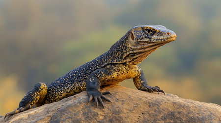 A Bengal monitor lizard basking on a rock in the warm sunlight, its scaly skin glistening.の素材