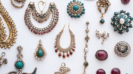 A collection of South Asian handcrafted jewelry laid out with a blank background for promotional text.の素材