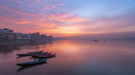 Panoramic view of the Ganges River at dawn, with open water and sky for adding captions.の素材