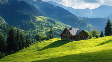 A charming house nestled in the midst of rolling green hills, with the mountains rising majestically behind it.の素材