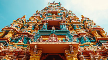 The ornate details of a South Asian temple entrance, with clear sky for adding spiritual or cultural text.の素材