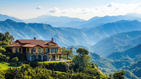 A picturesque house perched on a mountainside, surrounded by lush green hills and clear blue skiesの素材