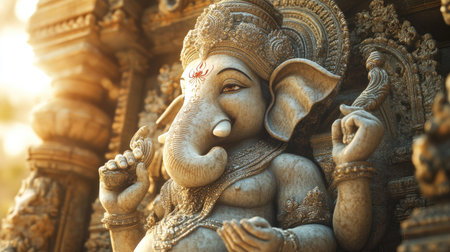 A majestic depiction of Lord Ganesha with the soft light highlighting the intricate carvings and serene expressionの素材