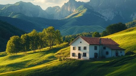A charming house nestled in the midst of rolling green hills, with the mountains rising majestically behind it.の素材