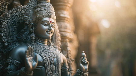 A peaceful image of Lord Vishnu in his Anantasayana posture with soft light highlighting the intricate details of the statueの素材