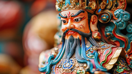 A detailed close-up of a beautifully painted idol of the God of Fortune, with vibrant colors and intricate designs.の素材
