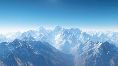 A panoramic top view of a South Asian mountain range, with snow capped peaks stretching into the distance under a clear blue sky.の素材