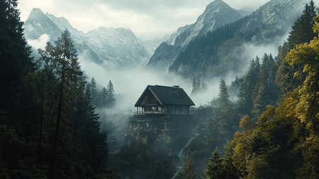 A solitary house surrounded by dense forest and towering mountains, with mist rising from the valley below.の素材
