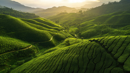 A picturesque aerial view of a South Asian tea plantation with rows of tea bushes neatly arranged on rolling hillsの素材
