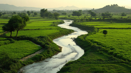 A picturesque view of a stream winding through a peaceful South Asian countryside, with green fields on either side.の素材