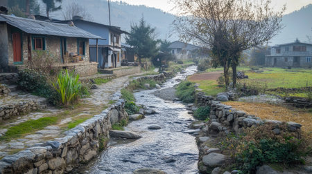 A picturesque stream winding through a South Asian village, with traditional houses lining the banks.の素材