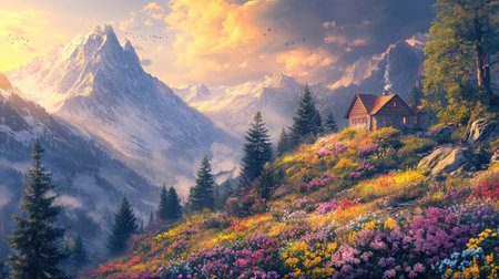 A serene mountain scene with a house perched on a hillside, surrounded by colorful flowers and tall trees.の素材