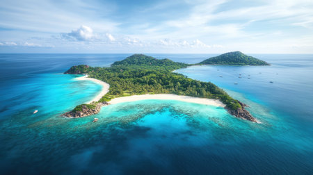 A serene top view of a South Asian island, with white sandy beaches and turquoise waters surrounding the coastline.の素材
