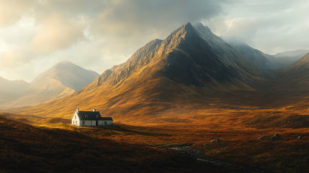 A remote house standing alone in a vast mountain landscape with the peaks bathed in golden lightの素材