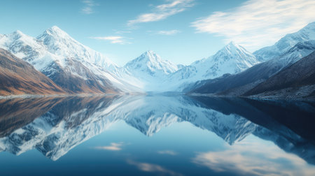 A serene aerial view of a South Asian mountain lake, with snow capped peaks reflected in the still waters.の素材