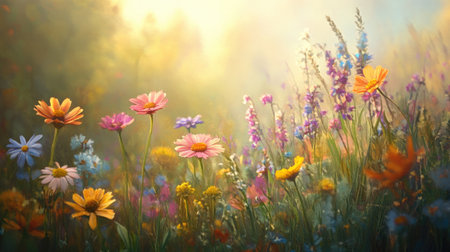 Warm morning sunlight shining on a field of wildflowers, with soft light highlighting the vibrant colors.の素材