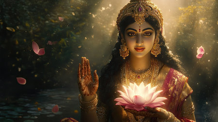 A serene depiction of Goddess Lakshmi holding a lotus, with soft light enhancing the intricate details.の素材