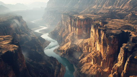 A stunning aerial view of a South Asian river canyon, with steep cliffs and a winding river below.の素材