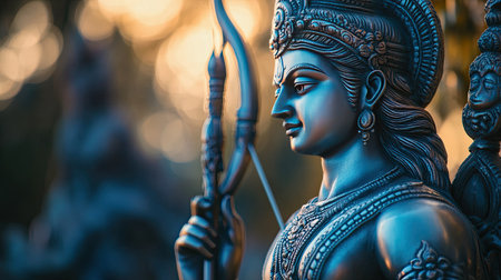 A serene image of Lord Rama holding his bow, with soft light illuminating the intricate details of the statue.の素材