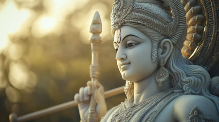 A serene image of Lord Rama holding his bow, with soft light illuminating the intricate details of the statue.の素材