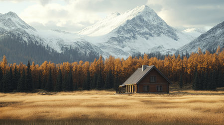 A solitary house standing at the edge of a forest, with snow-capped mountains in the background.の素材