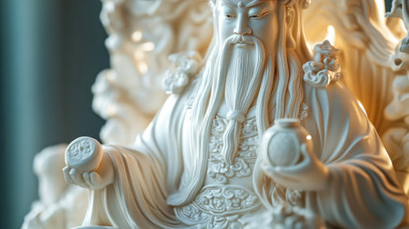 A serene image of the God of Fortune holding a wealth symbol, with soft light illuminating the intricate details of the statue.の素材