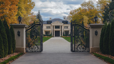 Stunning mansion with a large driveway and ornate gates, ideal for real estate or luxury lifestyle visuals.の素材