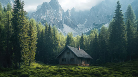 A solitary house standing in the middle of a dense forest with towering mountains in the background.の素材