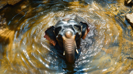 An Asian elephant bathing in a river, its massive form creating ripples in the clear water.の素材