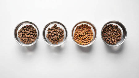 Flat lay of pet food and water bowls, arranged symmetrically with ample copy space.の素材