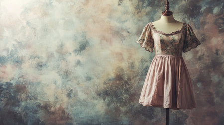 European summer fashion, featuring a lightweight dress, on a mannequin, with ample copy space on a neutral backdrop.の素材