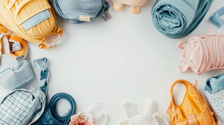 Top view of baby carriers and wraps, arranged symmetrically with plenty of room for text on a clean background.の素材