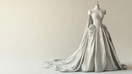 Classic European princess gown, beautifully draped on a mannequin, with ample copy space on a clean background.の素材