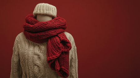 European winter outfit, including a woolen sweater and scarf, on a mannequin, with room for text on a plain backdrop.の素材