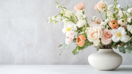 Close-up of stylish centerpieces, with ample copy space on a simple, neutral background.の素材