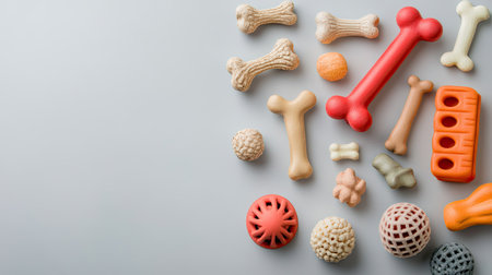 Flat lay of pet toys and chew bones, arranged with ample copy space on a plain background.の素材
