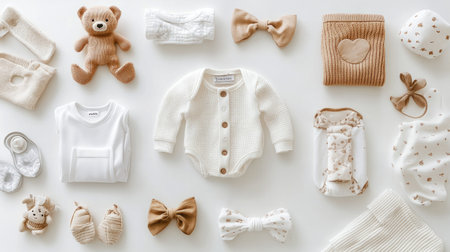 Top view of baby clothing sets, neatly arranged with room for copy on a neutral backdrop.の素材