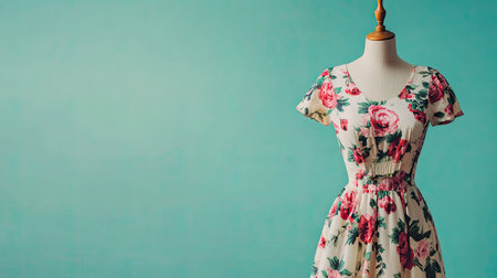 Trendy European floral dress on a mannequin, front view, no people, ample space for copy, set against a clean backdrop.の素材