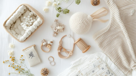 Top view of baby bedding and crib accessories, neatly arranged with ample copy space on a plain backdrop.の素材