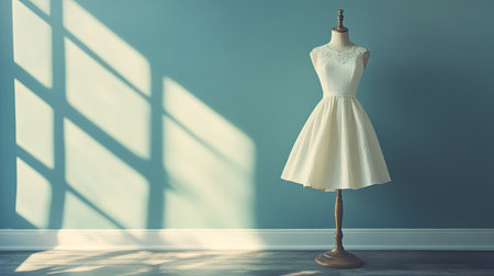 Light summer dress in European style, displayed on a mannequin, with ample copy space and a clean background.の素材
