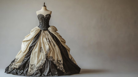 Luxurious European princess gown, displayed on a mannequin, with plenty of room for copy on a clean backdrop.の素材
