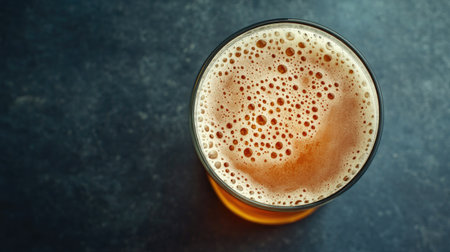 Top view of a Belgian glass of Trappist beer, arranged with room for copy on a plain backdrop.の素材